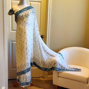 Beaded and Sequinned embellished Cerulean and White Saree w/ Blouse